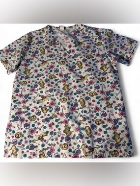 Women’s V-Neck Printed Scrub Top - White with Pink & Teal Floral Cat Print